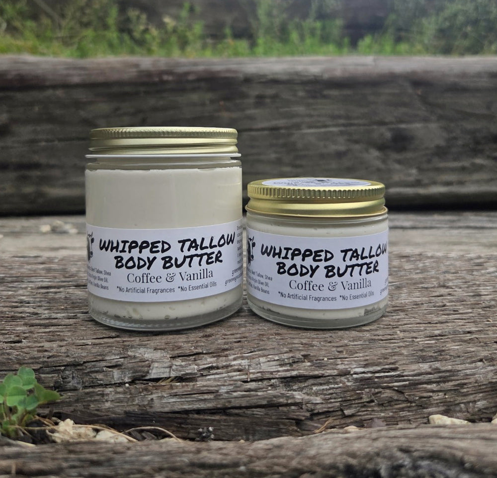 Greene Grass Coffee & Vanilla whipped tallow body butter in 2 oz and 4 oz jars.