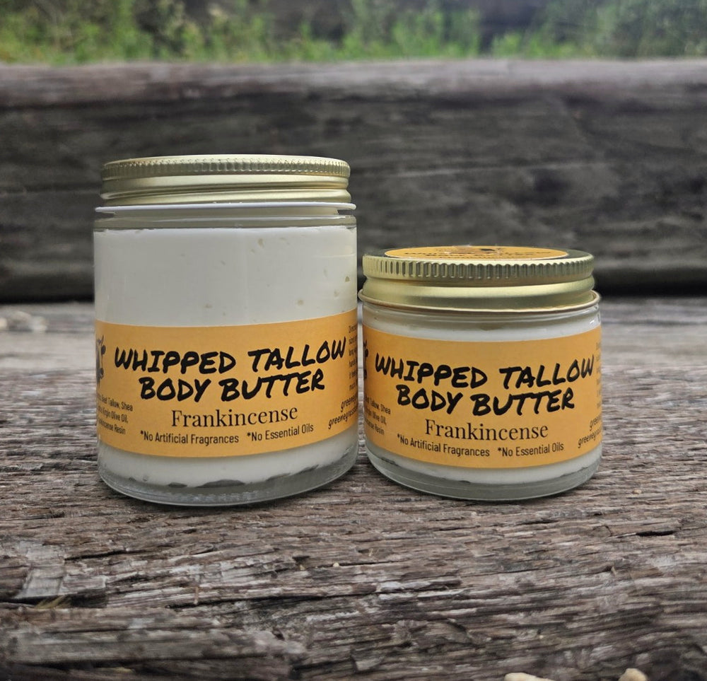 Greene Grass Frankincense whipped tallow body butter in 2 oz and 4 oz jars.