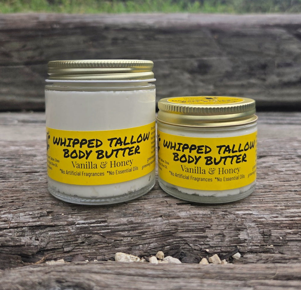 Greene Grass Vanilla & Honey whipped tallow body butter in 2 oz and 4 oz jars.