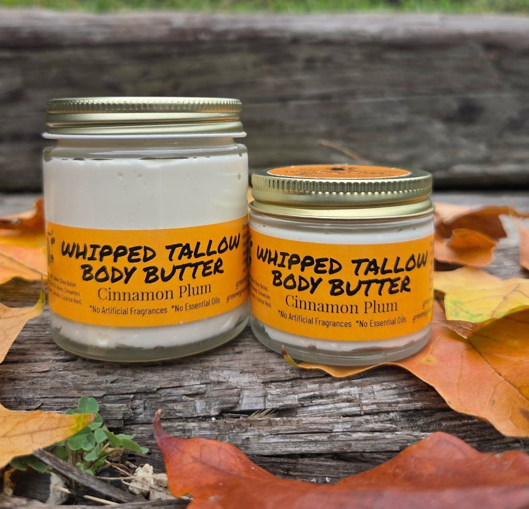 Greene Grass Cinnamon Plum whipped tallow moisturizer in 2 oz and 4 oz jars.