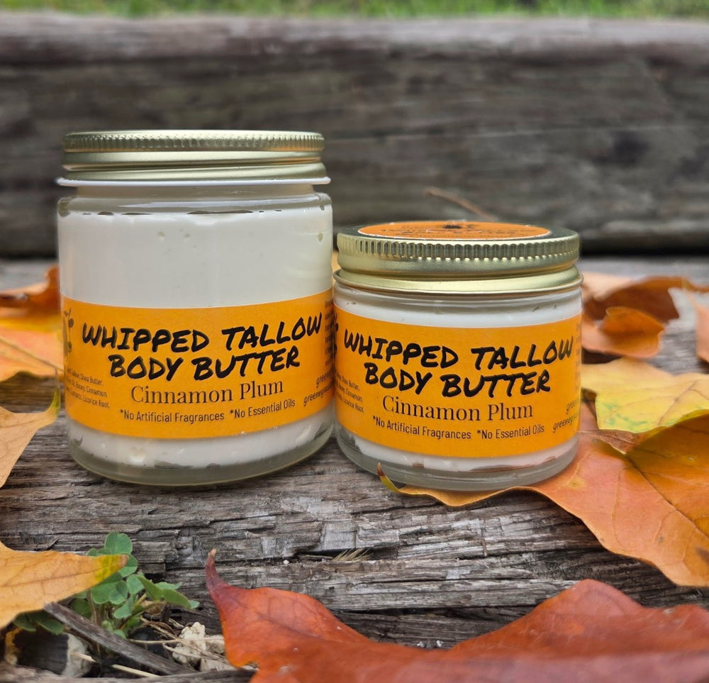 Greene Grass Cinnamon Plum whipped tallow body butter in 2 oz and 4 oz jars.