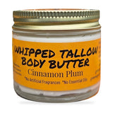 Greene Grass Tallow Cinnamon Plum whipped tallow moisturizer, 2 oz jar with gold lid on a white background