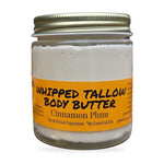 Greene Grass Tallow Cinnamon Plum whipped tallow moisturizer, 4 oz jar with gold lid on a white background