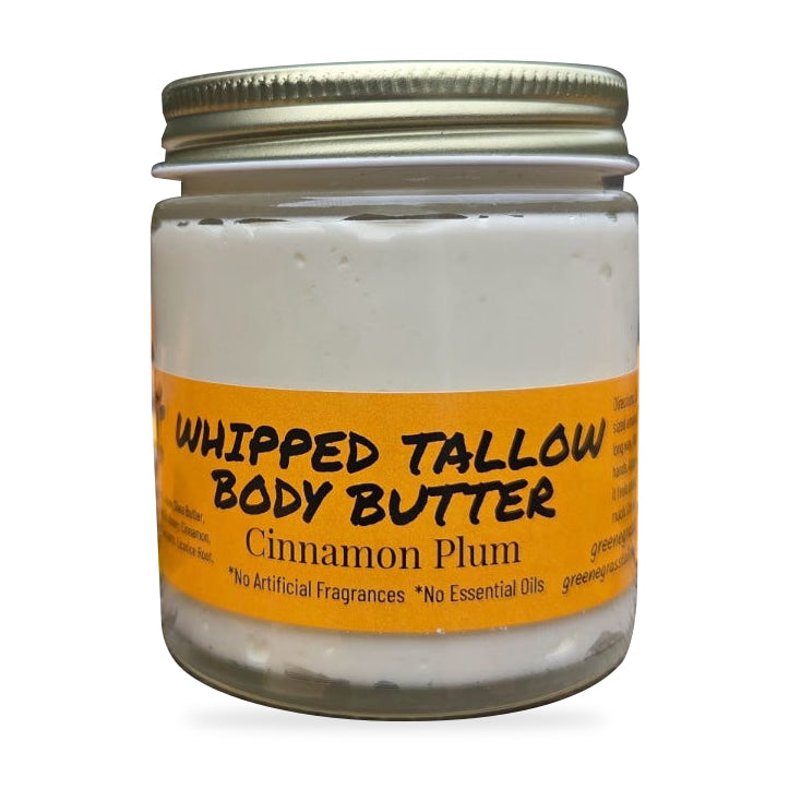 Greene Grass Tallow Cinnamon Plum whipped tallow moisturizer, 4 oz jar with gold lid on a white background
