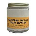 Greene Grass Tallow Frankincense whipped tallow moisturizer, 4 oz jar with gold lid on a white background