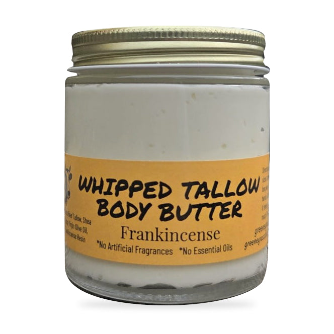 Greene Grass Tallow Frankincense whipped tallow moisturizer, 4 oz jar with gold lid on a white background