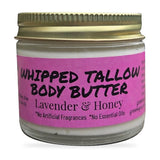 Greene Grass Tallow Lavender & Honey whipped tallow moisturizer, 2 oz jar with gold lid on a white background