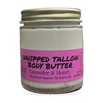 Greene Grass Tallow Lavender & Honey whipped tallow moisturizer, 4 oz jar with gold lid on a white background