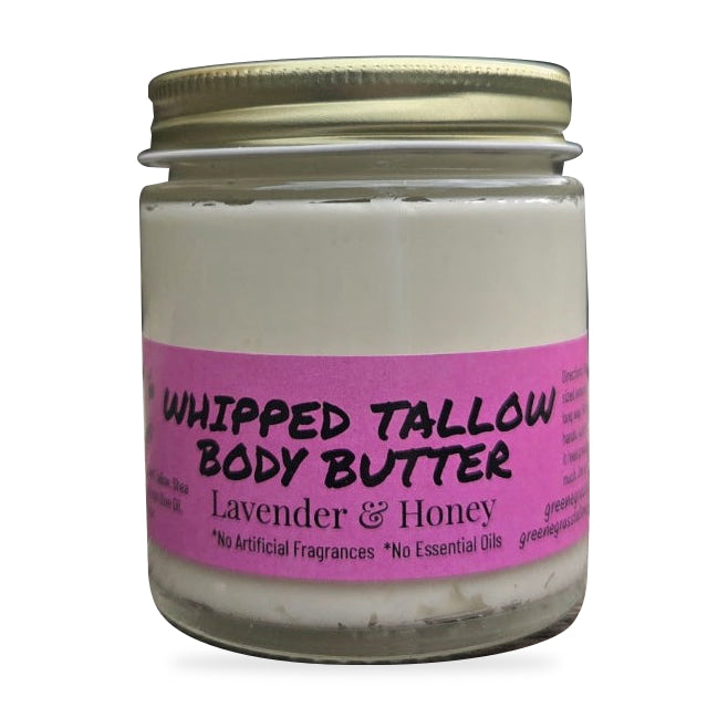 Greene Grass Tallow Lavender & Honey whipped tallow moisturizer, 4 oz jar with gold lid on a white background