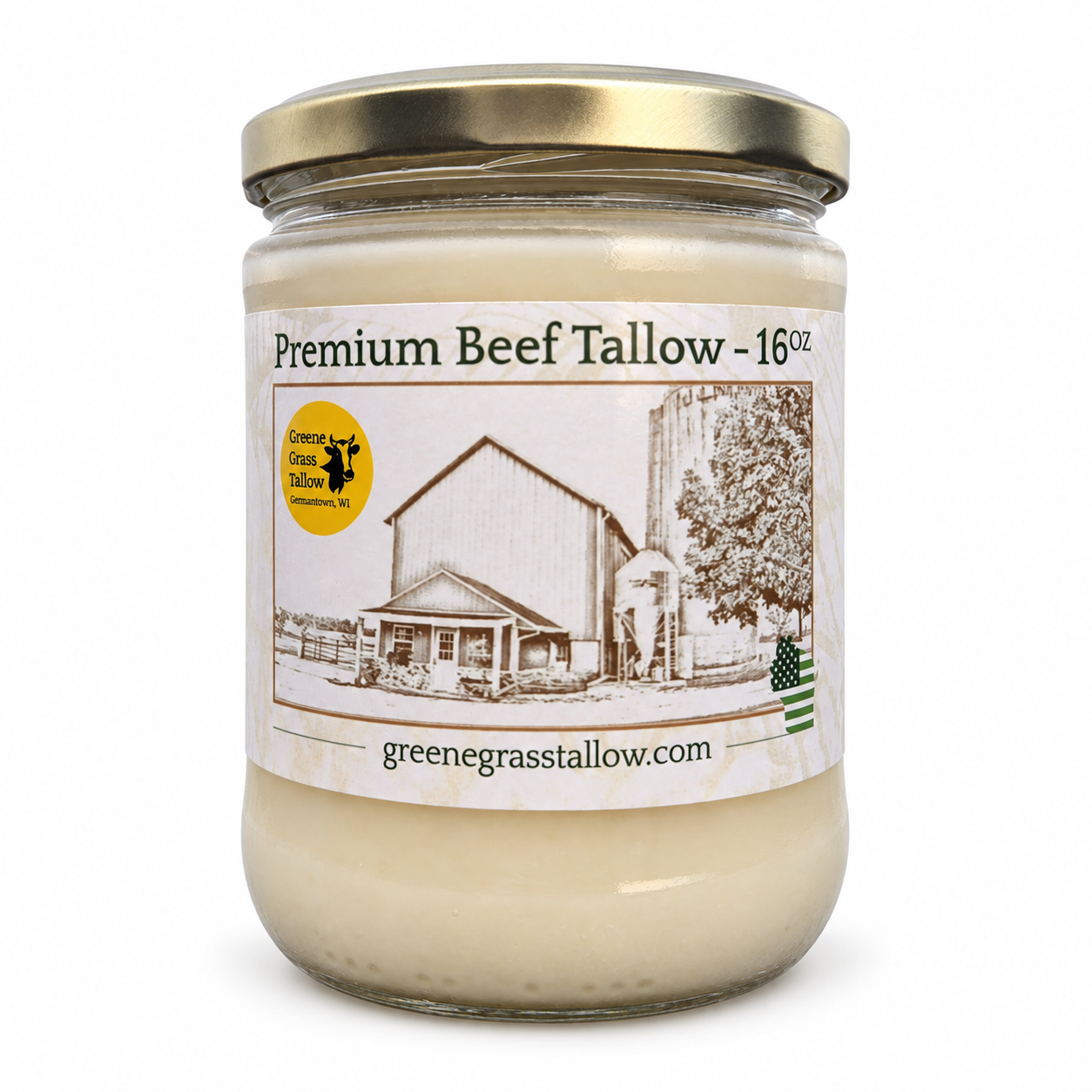Greene Grass Tallow Premium Beef Tallow in a 16 oz glass jar with a gold lid on a white background.