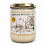 Greene Grass Tallow Premium Beef Tallow in a 16 oz glass jar with a gold lid on a white background.