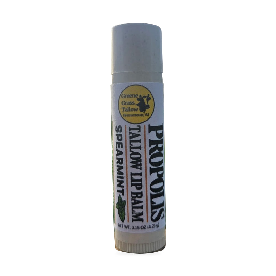 Greene Grass Tallow Spearmint Propolis Tallow Lip Balm, 0.15 oz tube on a white background.