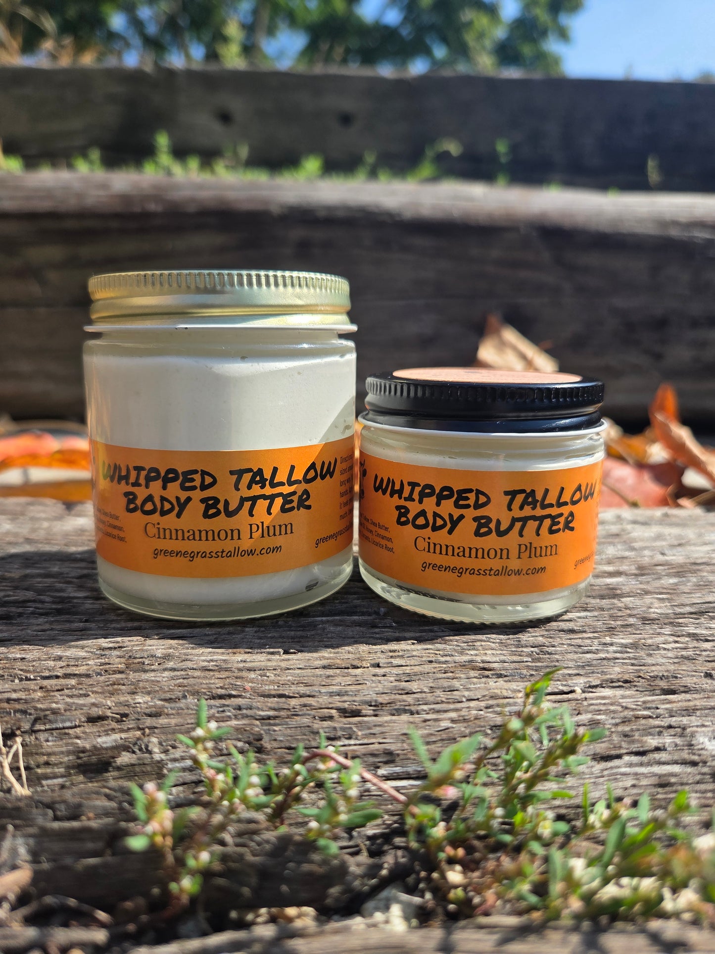 Cinnamon plum whipped tallow body butter by Greene Grass Tallow, handcrafted in Germantown, Wisconsin with grass-fed beef tallow, shea butter, and natural oils for rich, nourishing moisture.