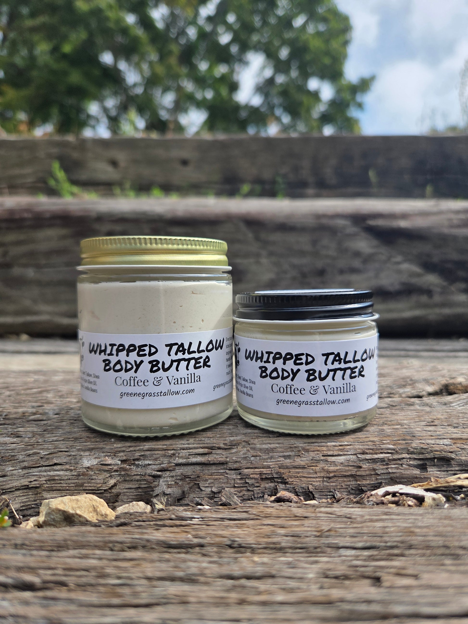 Coffee and vanilla whipped tallow body butter by Greene Grass Tallow, handcrafted in Germantown, Wisconsin with grass-fed beef tallow, shea butter, and natural oils for soft, nourished skin.