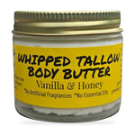 Greene Grass Tallow Vanilla & Honey whipped tallow moisturizer, 2 oz jar with gold lid on a white background