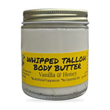 Greene Grass Tallow Vanilla & Honey whipped tallow moisturizer, 4 oz jar with gold lid on a white background