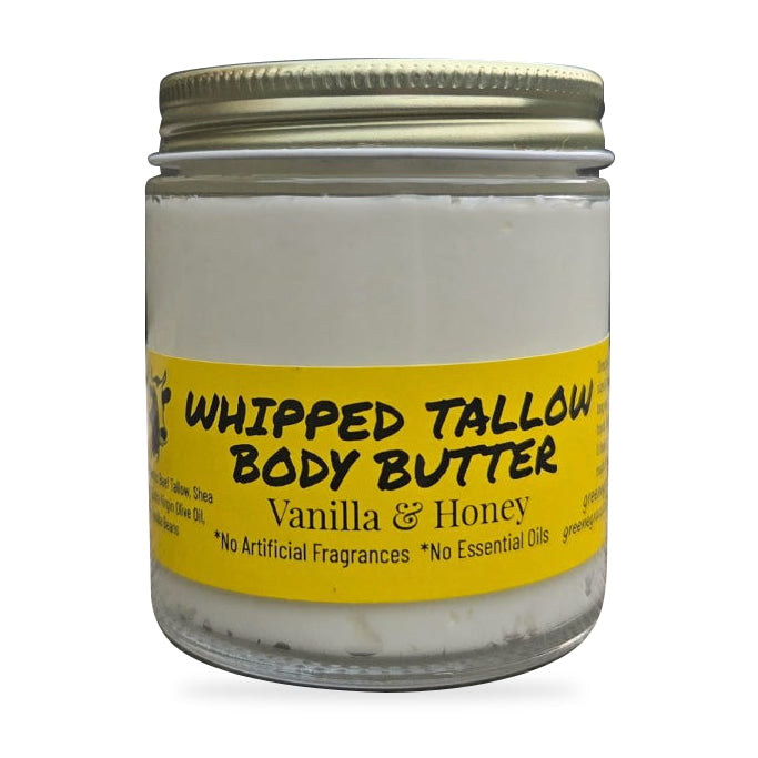 Greene Grass Tallow Vanilla & Honey whipped tallow moisturizer, 4 oz jar with gold lid on a white background