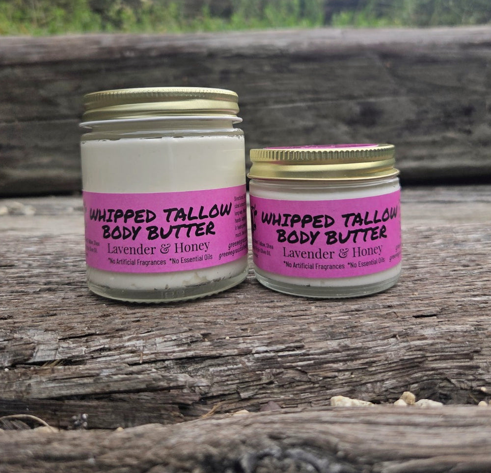 Greene Grass Lavender & Honey whipped tallow body butter in 2 oz and 4 oz jars.
