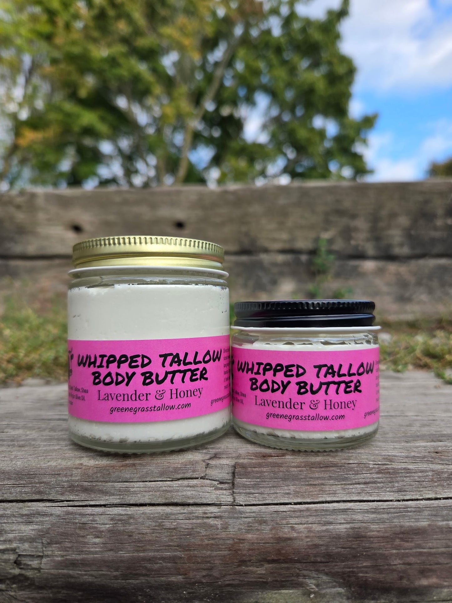 Lavender and honey whipped tallow body butter from Greene Grass Tallow, handcrafted in Germantown, Wisconsin with grass-fed beef tallow, shea butter, and honey for natural skin nourishment.